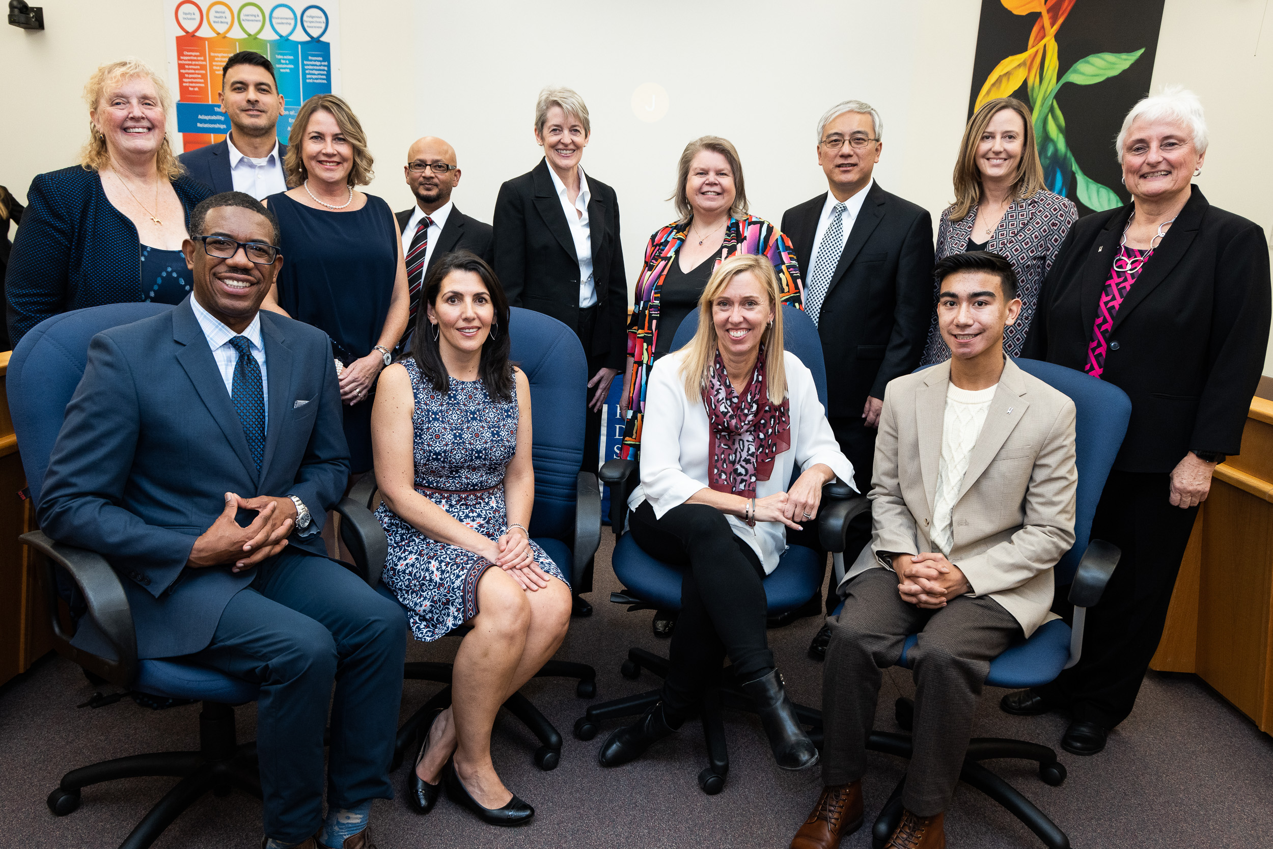 Top row:
Trustees Kelly Amos (Oakville - 5 & 7), Matthew Diodati, (Burlington - Wards 1 & 2), Joanna Oliver (Oakville - Ward 4), Naveed Ahmed (Milton - Wards 3 & 4), Amy Collard (Burlington - Ward 5), Donna Danielli (Milton - Wards 1 & 2), Xin Yi Zhang (Burlington - Wards 3 & 6), Carole Baxter (Oakville - Wards 1 & 2), Jeanne Gray (Halton Hills - Wards 1, 2, 3 & 4).

Bottom row:
Curtis Ennis, Director of Education, Tanya Rocha, Vice Chair (Oakville - Wards 3 & 6), Margo Shuttleworth, Chair (Burlington - Ward 4), Ethan Ruggiero, Student Trustee; missing Cindy Wang, Student Trustee | Halton District School Board